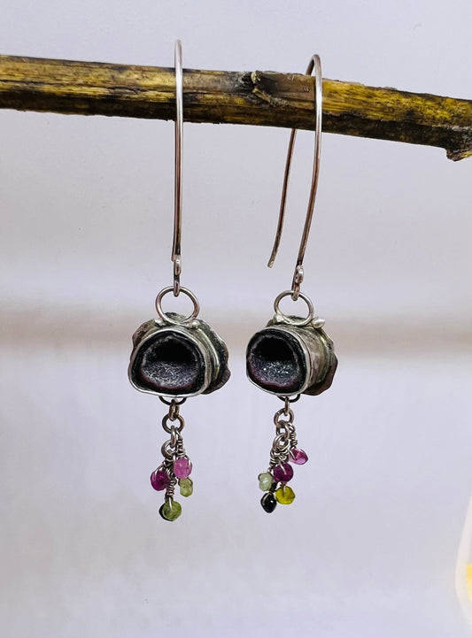 Geode and tourmaline bead earrings