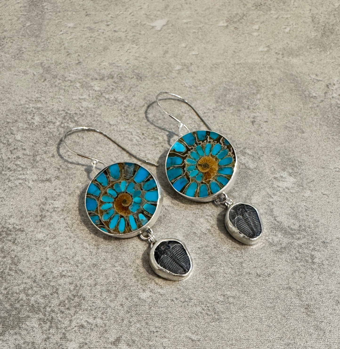 Turquoise inlaid ammonite with trilobite dangle earrlings
